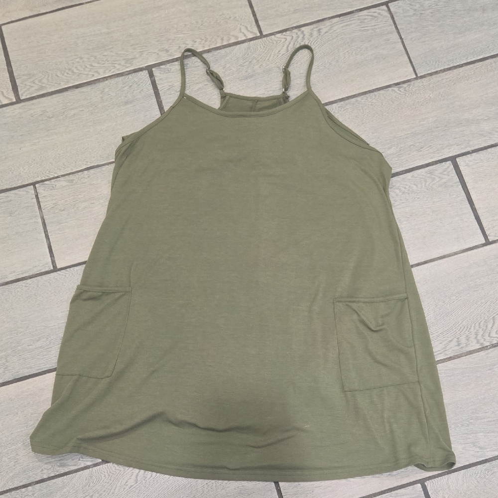 Olive Green Sleeveless Pocket Tank Dress Size XL | Casual Stretchโ Knit act87
